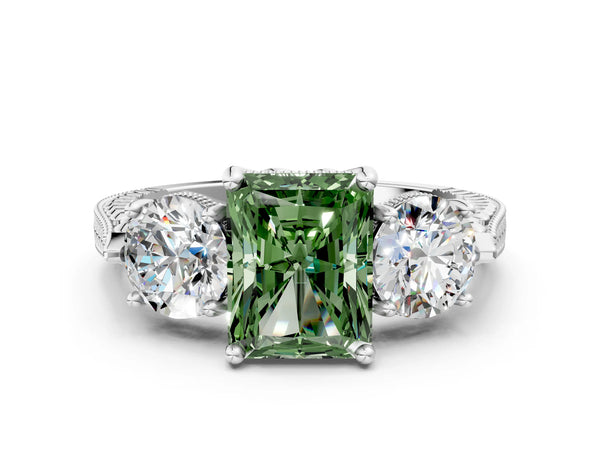 White Gold Radiant Cut Vintage Three Stone Engagement Ring Setting for Fancy Green Center