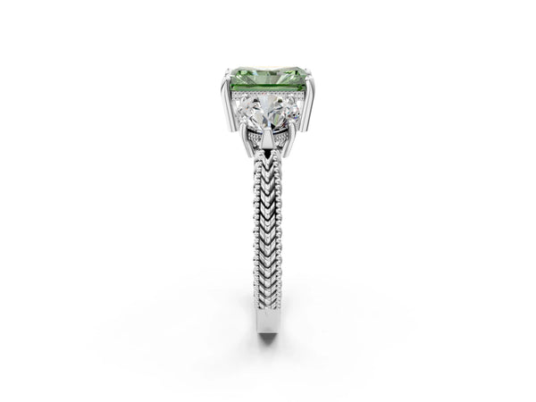 White Gold Radiant Cut Vintage Three Stone Engagement Ring Setting for Fancy Green Center