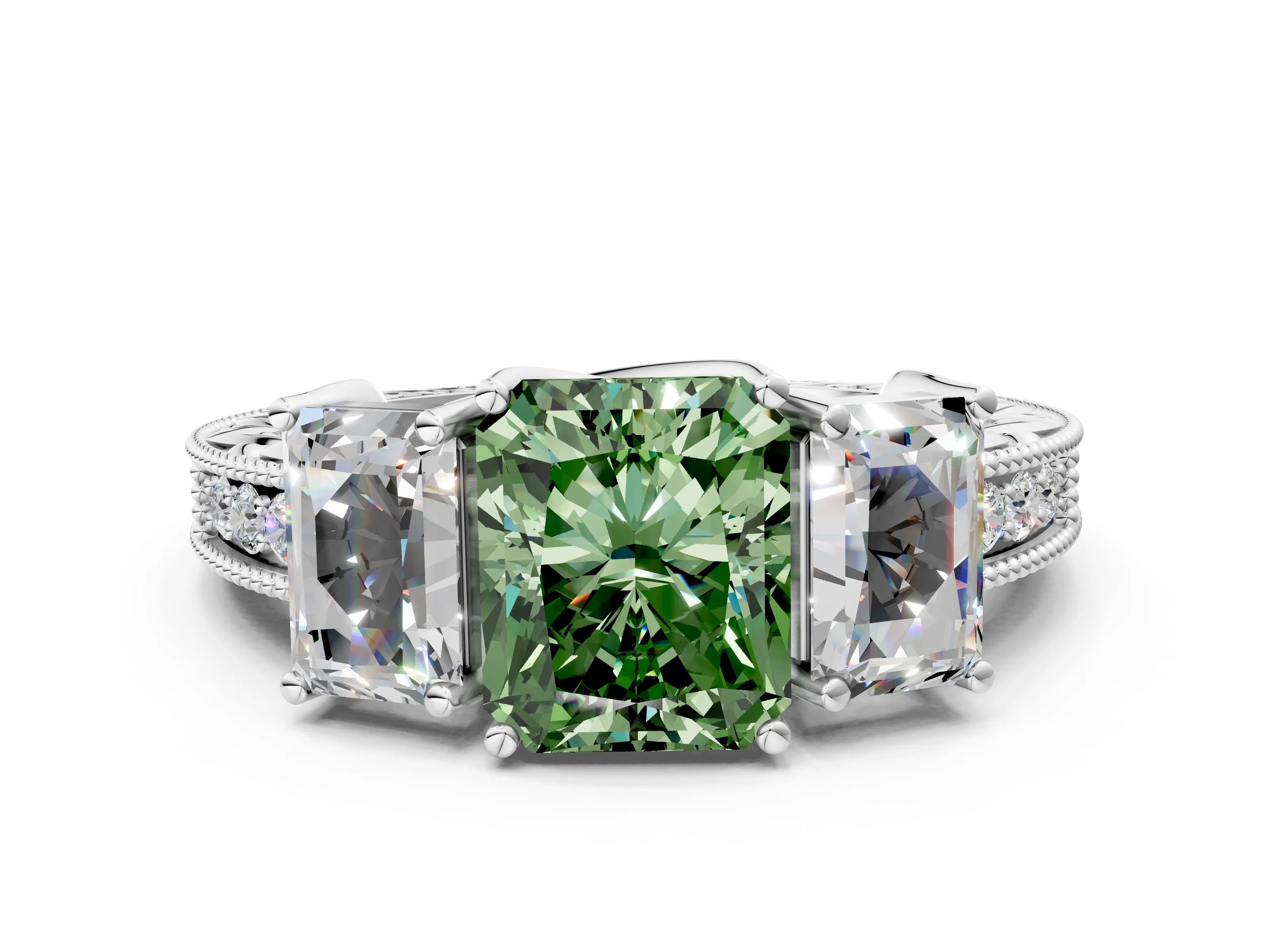 White gold Three-Stone Fancy Green Radiant Cut Cut Milgrain Pavé Engagement Ring_12