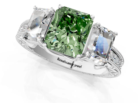 White gold Three-Stone Fancy Green Radiant Cut Cut Milgrain Pavé Engagement Ring_13