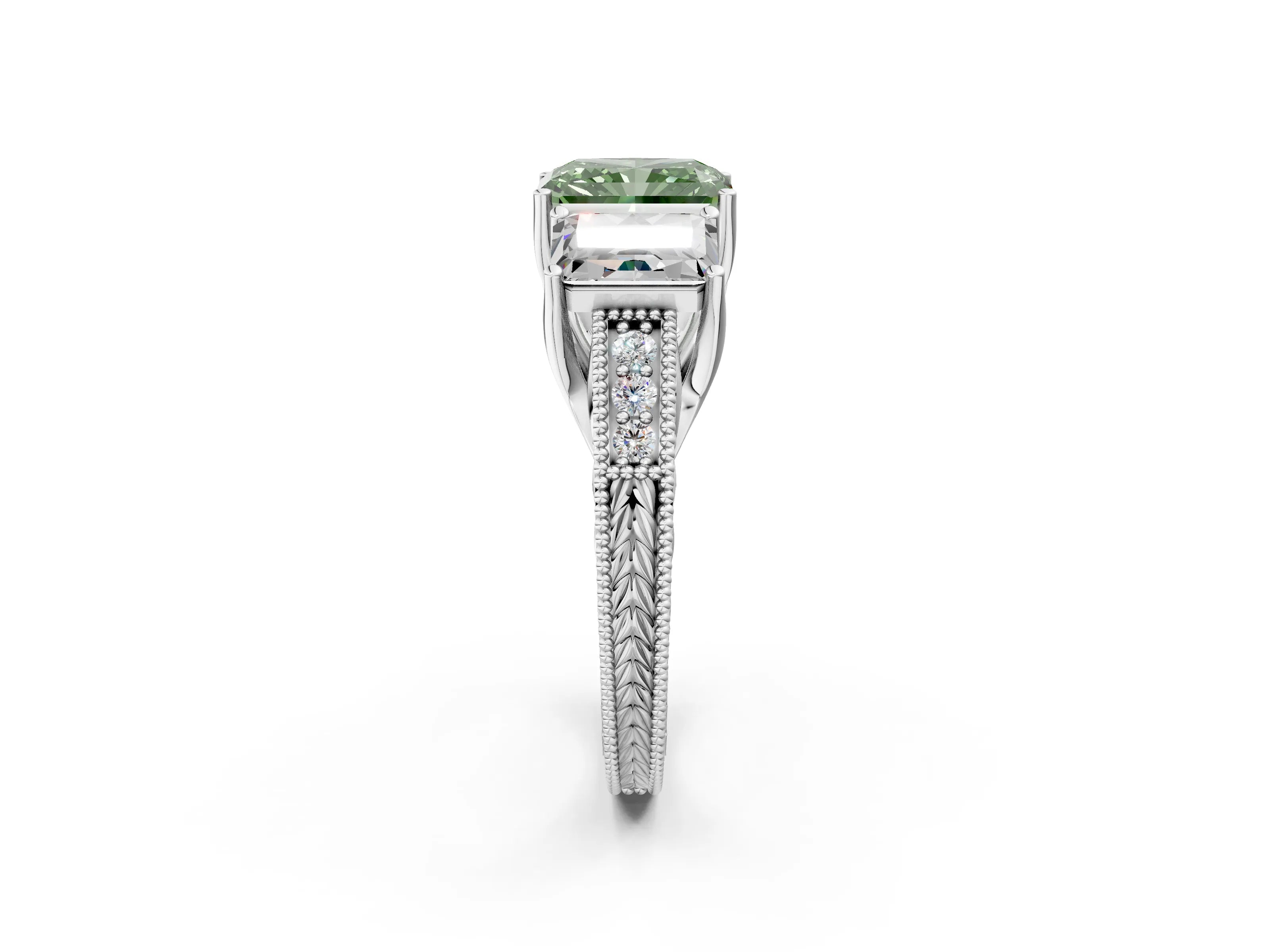 White gold Three-Stone Fancy Green Radiant Cut Cut Milgrain Pavé Engagement Ring_14