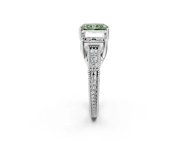 White Gold Radiant Cut Engraved Three Stone Engagement Ring Setting for Fancy Green Center
