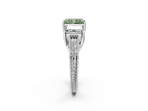 White gold Three-Stone Fancy Green Radiant Cut Cut Milgrain Pavé Engagement Ring_14