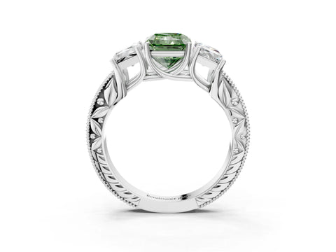 White gold Three-Stone Fancy Green Radiant Cut Cut Milgrain Pavé Engagement Ring_15