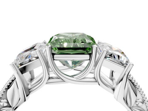 White gold Three-Stone Fancy Green Radiant Cut Cut Milgrain Pavé Engagement Ring_16