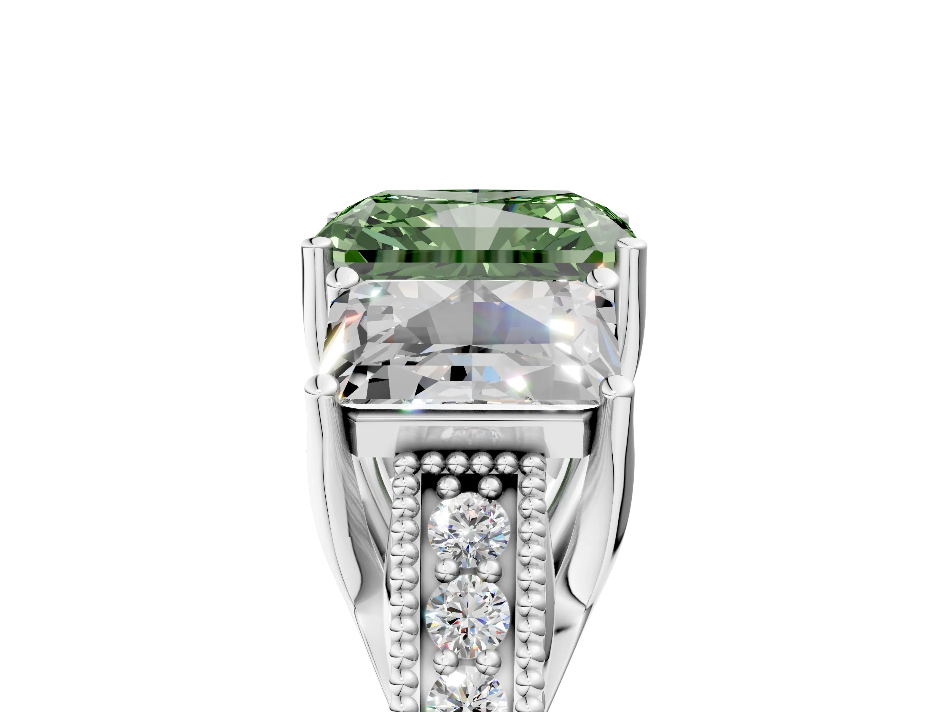 White gold Three-Stone Fancy Green Radiant Cut Cut Milgrain Pavé Engagement Ring_17