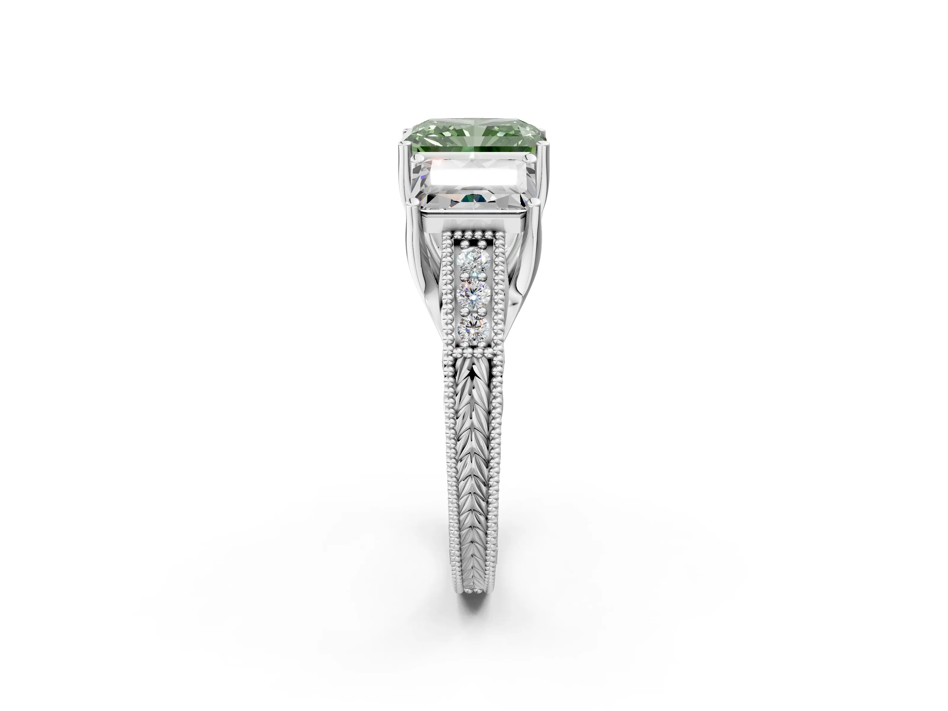 White gold Three-Stone Fancy Green Radiant Cut Cut Milgrain Pavé Engagement Ring_2
