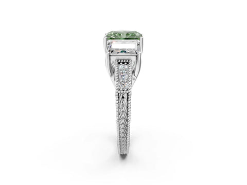 White gold Three-Stone Fancy Green Radiant Cut Cut Milgrain Pavé Engagement Ring_2
