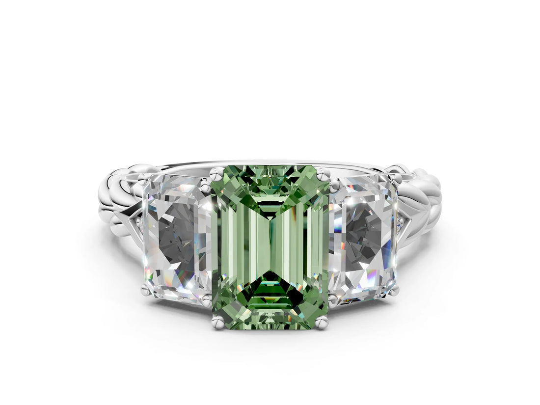 White gold Three-Stone Fancy Green Radiant Cut Diamond Braided Band Ring with Four-Prong Setting_153