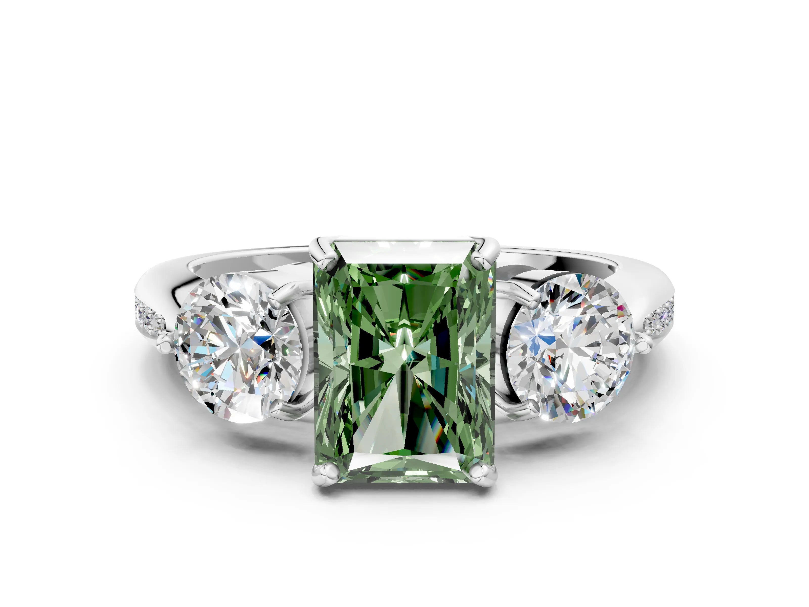 White gold Three-Stone Fancy Green Radiant Cut Diamond Channel Set Engagement Ring with Prong Setting_12