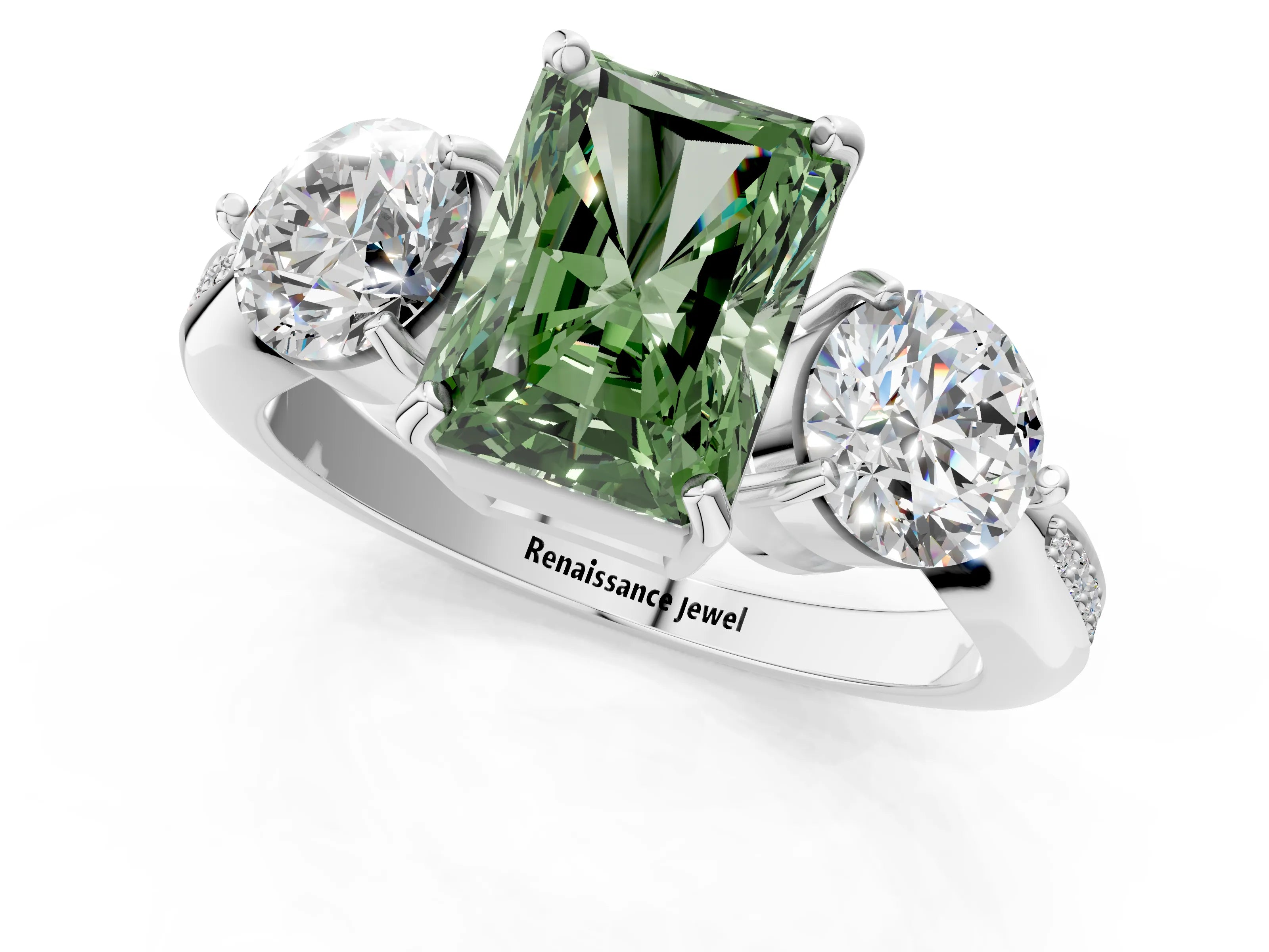 White gold Three-Stone Fancy Green Radiant Cut Diamond Channel Set Engagement Ring with Prong Setting_13