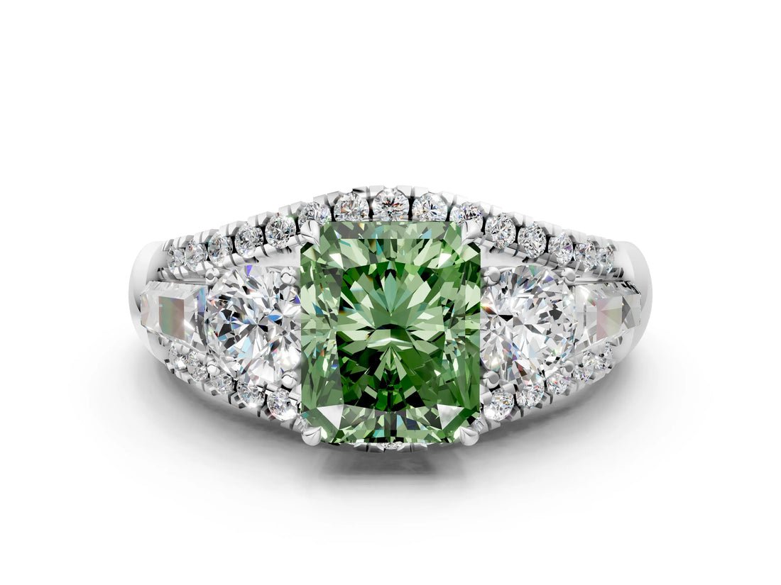 White gold Three-Stone Fancy Green Radiant Cut Diamond Engagement Ring with Pave Band and Prong Setting_12