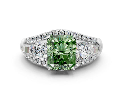 White gold Three-Stone Fancy Green Radiant Cut Diamond Engagement Ring with Pave Band and Prong Setting_12