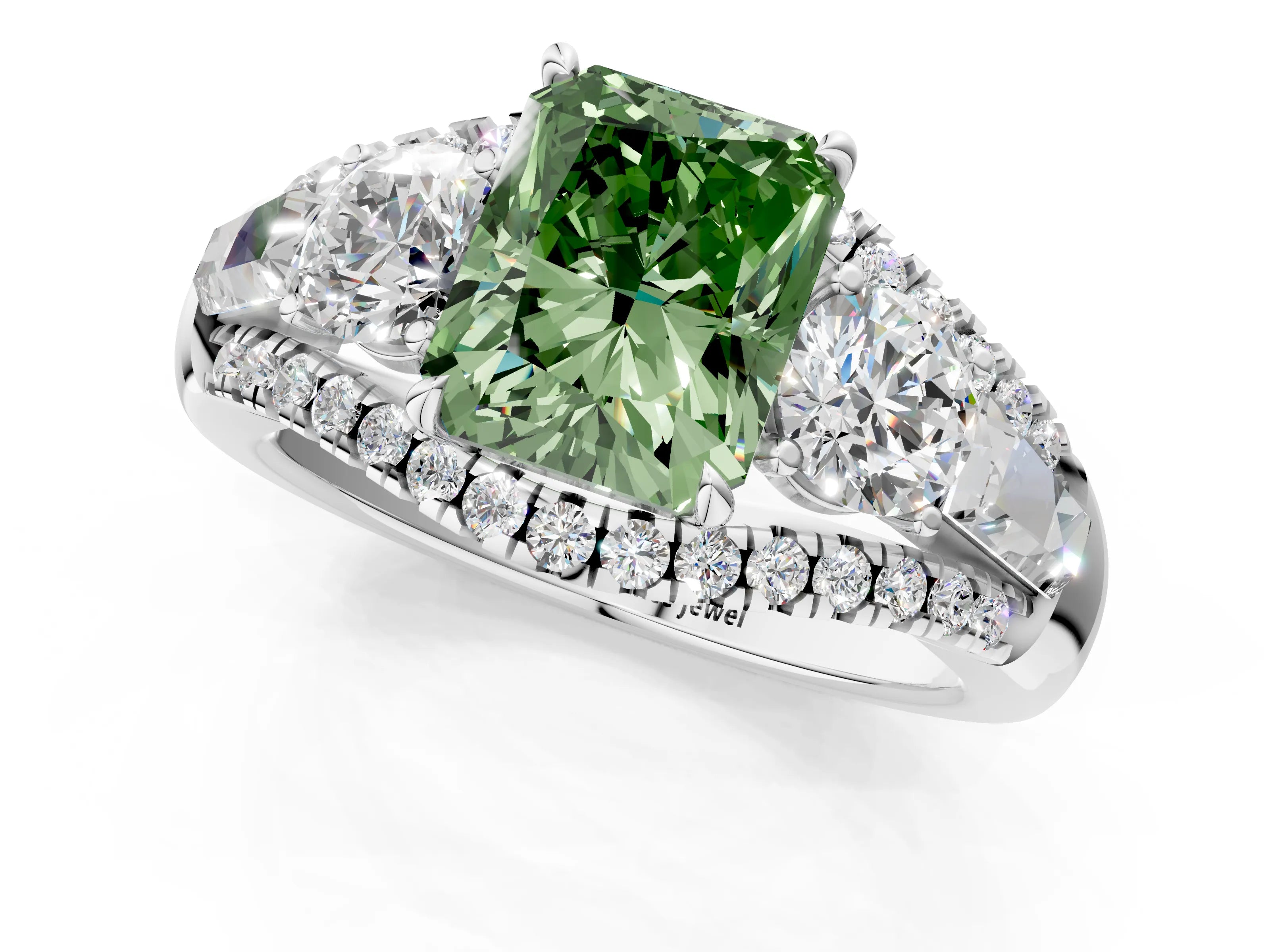 White gold Three-Stone Fancy Green Radiant Cut Diamond Engagement Ring with Pave Band and Prong Setting_13