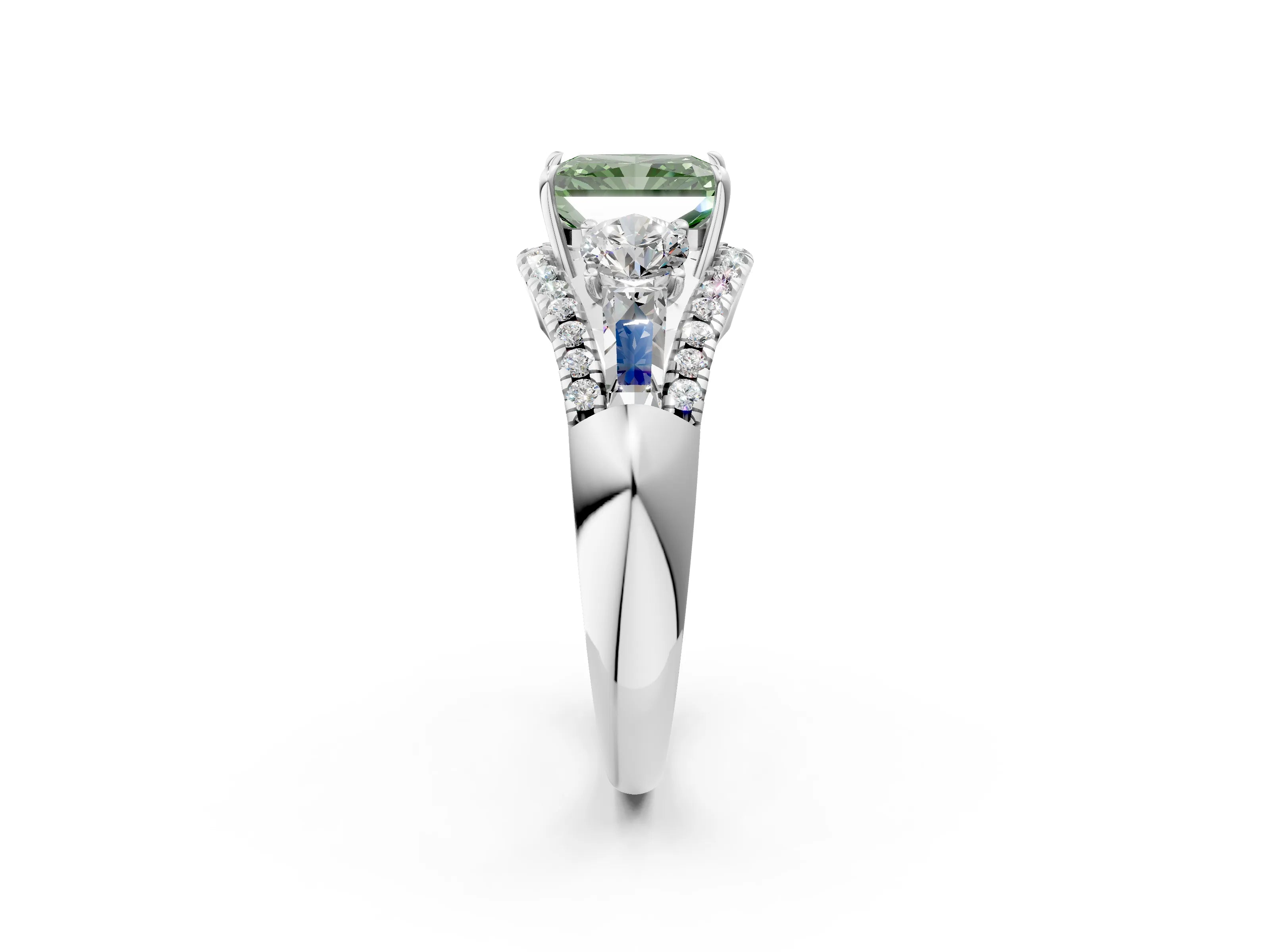 White gold Three-Stone Fancy Green Radiant Cut Diamond Engagement Ring with Pave Band and Prong Setting_14