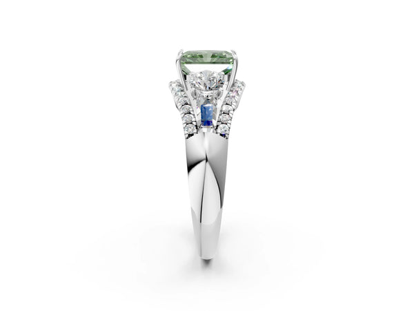 Platinum Three-Stone Fancy Green Radiant Cut Diamond Engagement Ring with Pave Band and Prong Setting