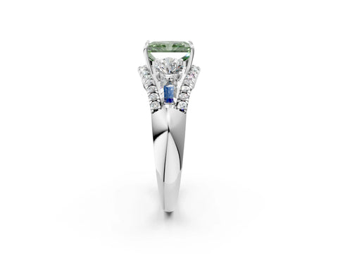 White gold Three-Stone Fancy Green Radiant Cut Diamond Engagement Ring with Pave Band and Prong Setting_14
