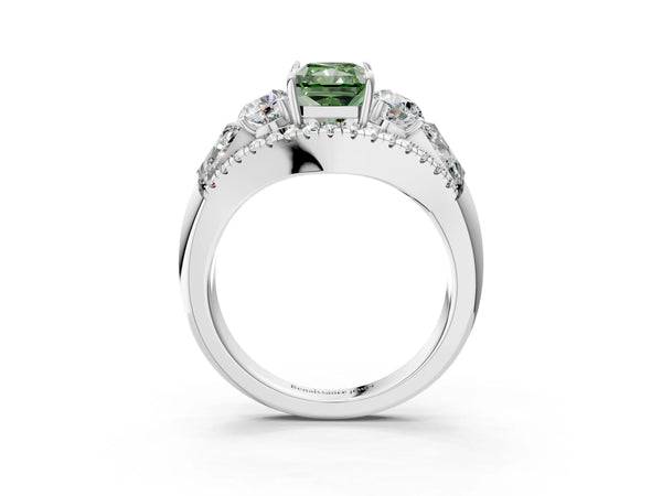 Platinum Three-Stone Fancy Green Radiant Cut Diamond Engagement Ring with Pave Band and Prong Setting