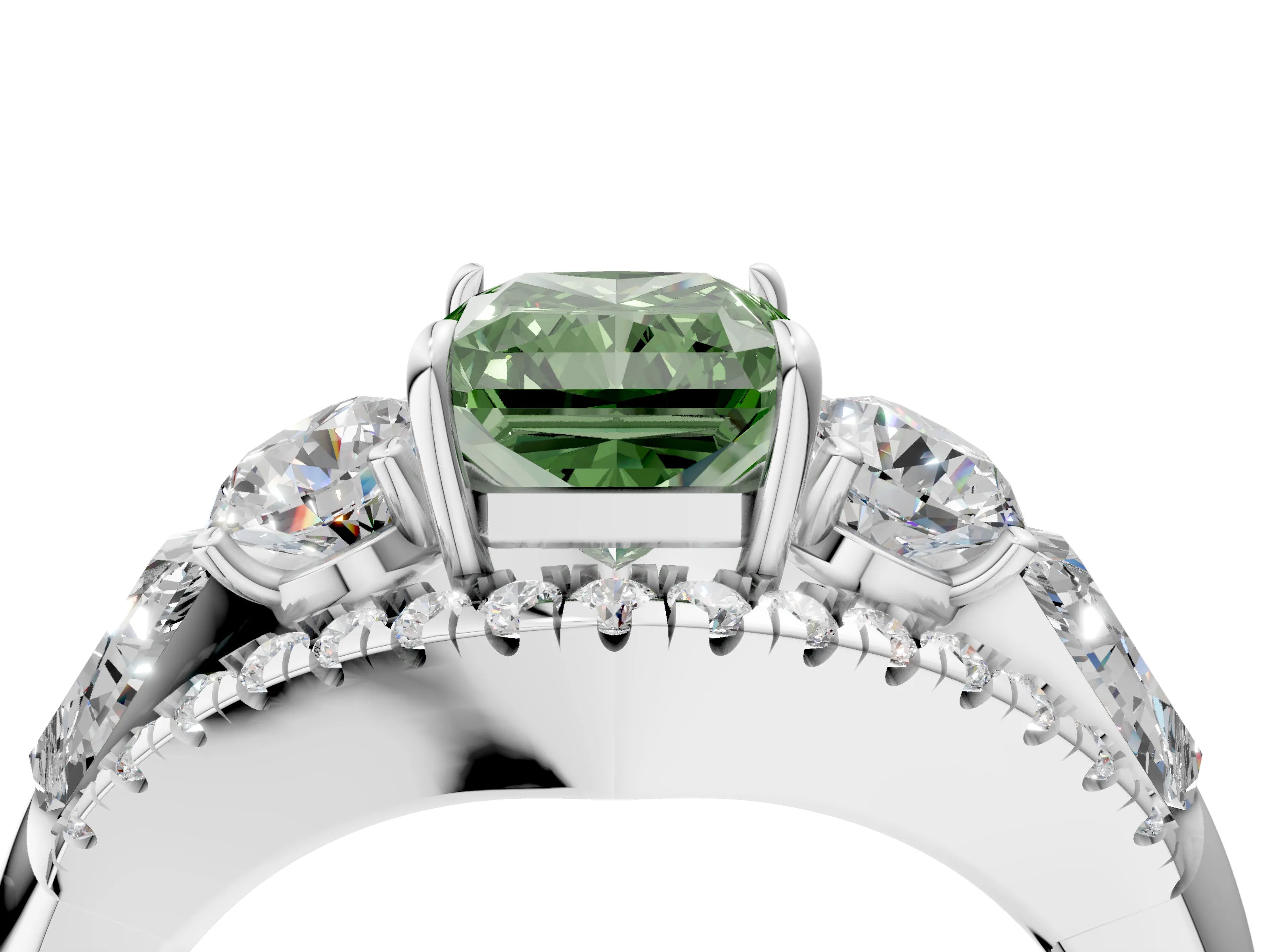 White gold Three-Stone Fancy Green Radiant Cut Diamond Engagement Ring with Pave Band and Prong Setting_16