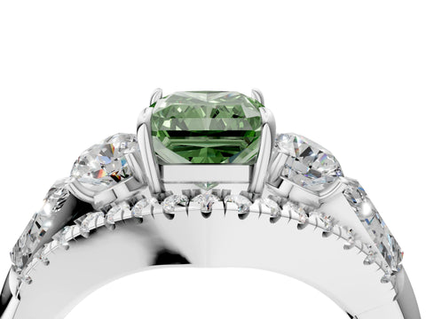 White gold Three-Stone Fancy Green Radiant Cut Diamond Engagement Ring with Pave Band and Prong Setting_16