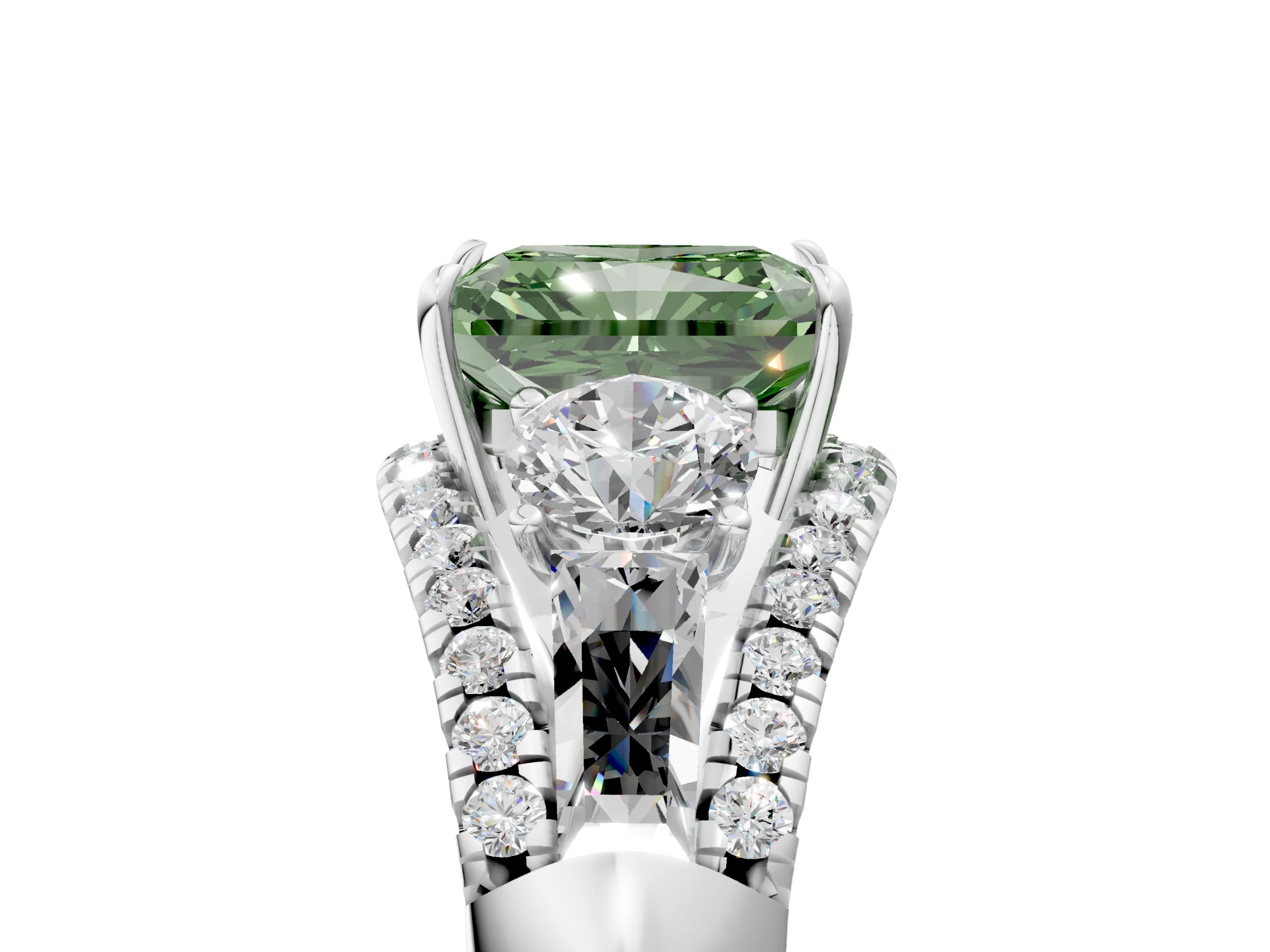 White gold Three-Stone Fancy Green Radiant Cut Diamond Engagement Ring with Pave Band and Prong Setting_17