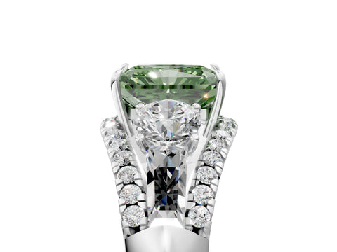 White gold Three-Stone Fancy Green Radiant Cut Diamond Engagement Ring with Pave Band and Prong Setting_17