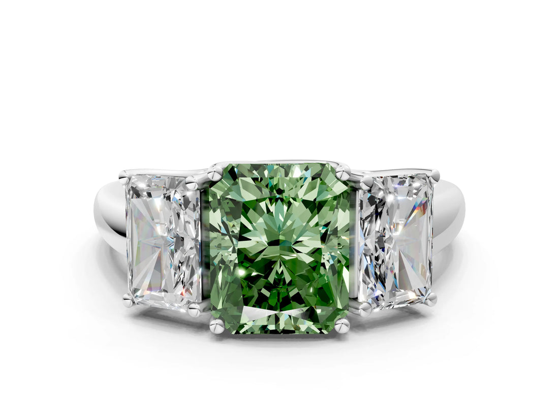 White gold Three-Stone Fancy Green Radiant Cut Diamond Engagement Ring with Prong Setting_15