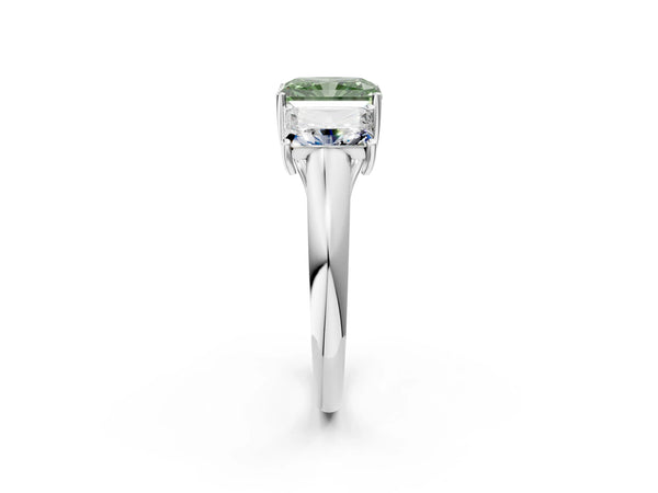 White Gold Radiant Cut Trellis Three Stone Engagement Ring Setting for Fancy Green Center