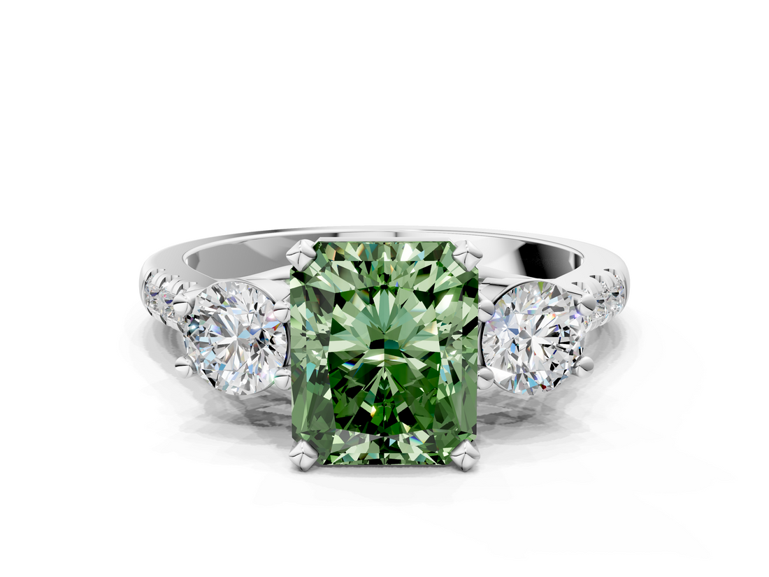 White gold Three-Stone Fancy Green Radiant  Cut Diamond Pavé Band with Four-Prong Setting_25