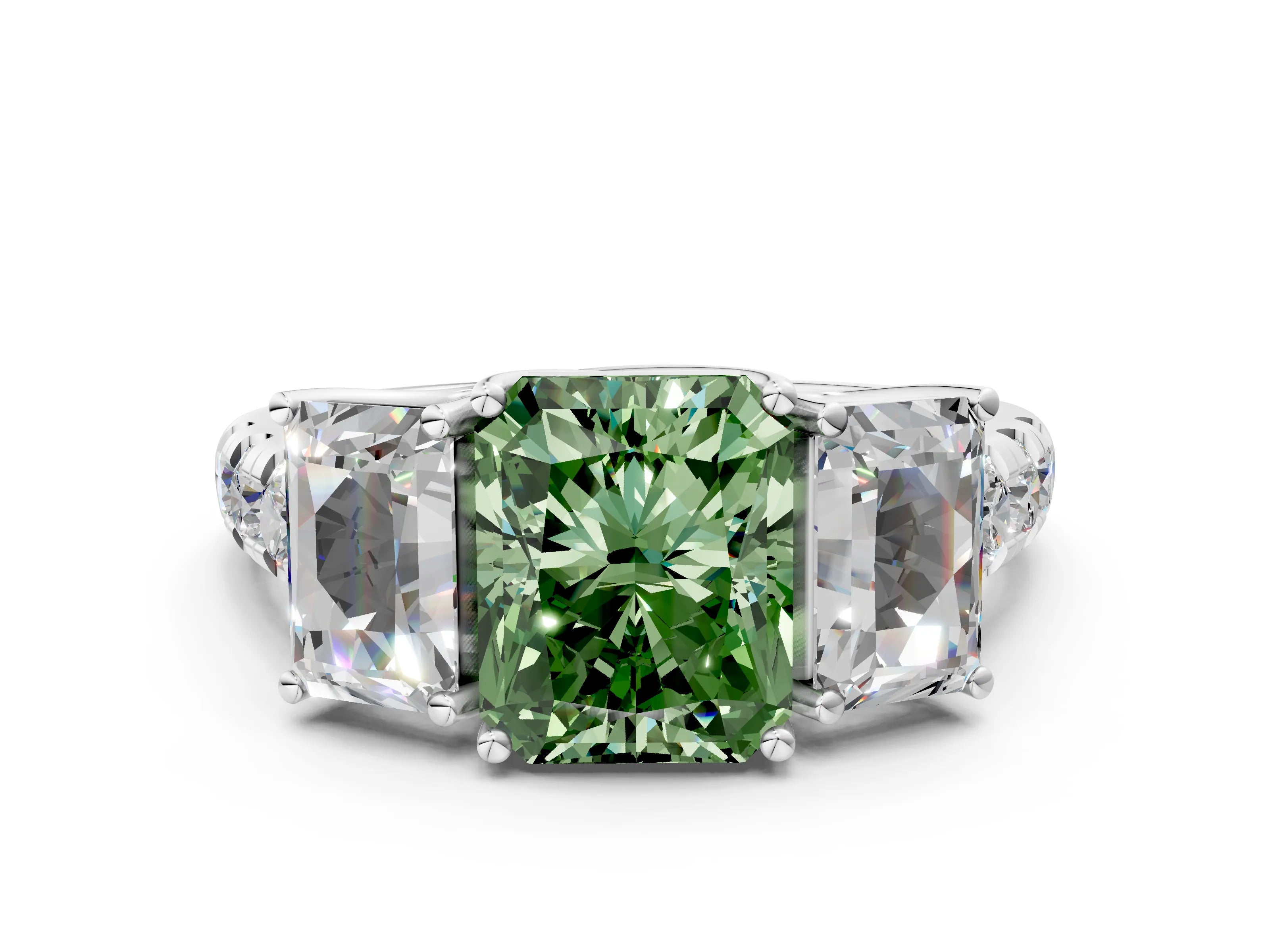 White gold Three-Stone Fancy Green Radiant Cut Diamond Pavé Band with Prong Setting