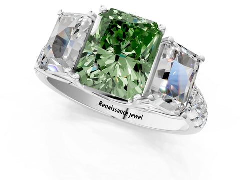 White gold Three-Stone Fancy Green Radiant Cut Diamond Pavé Band with Prong Setting_1