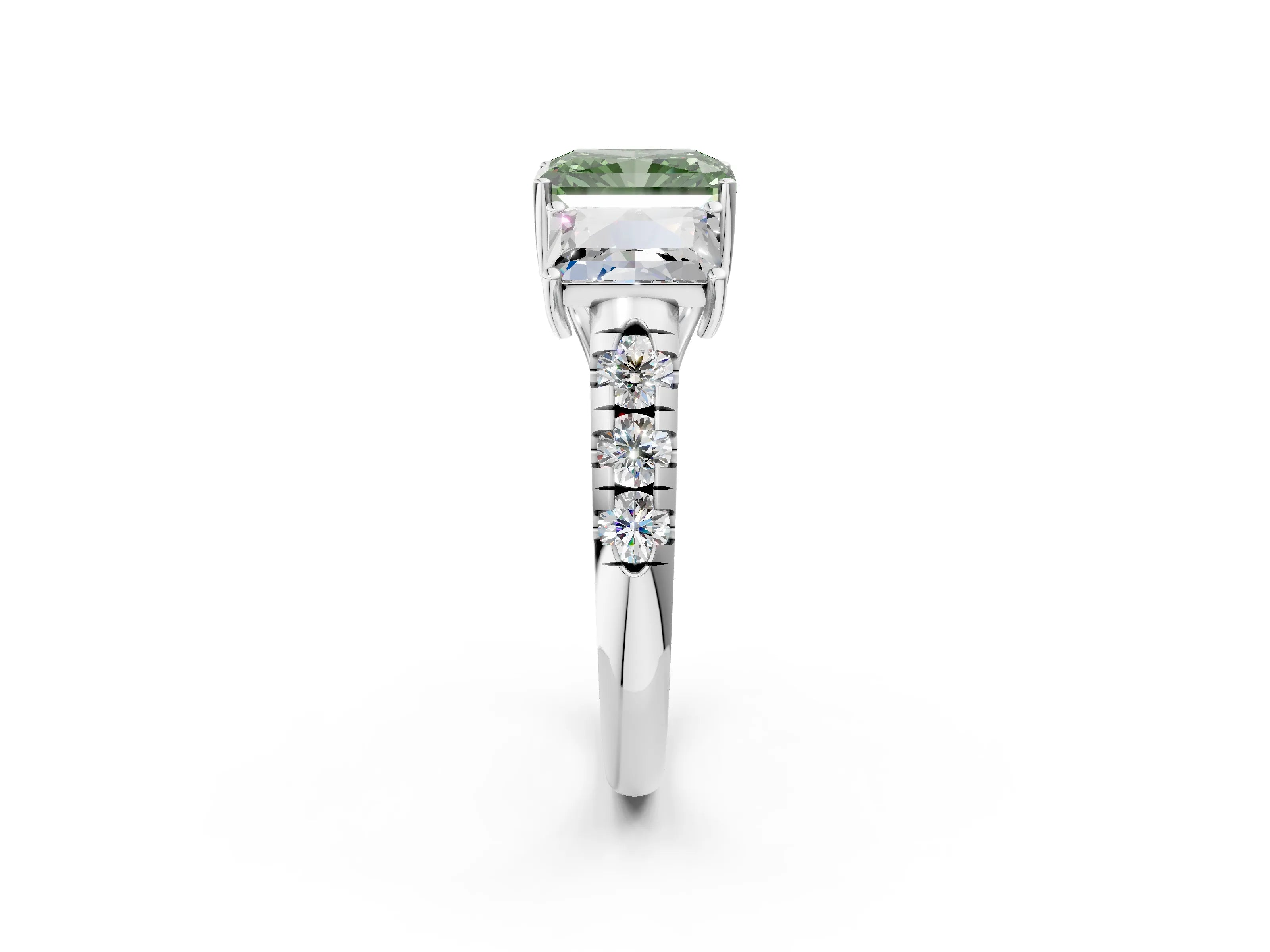 White gold Three-Stone Fancy Green Radiant Cut Diamond Pavé Band with Prong Setting_2