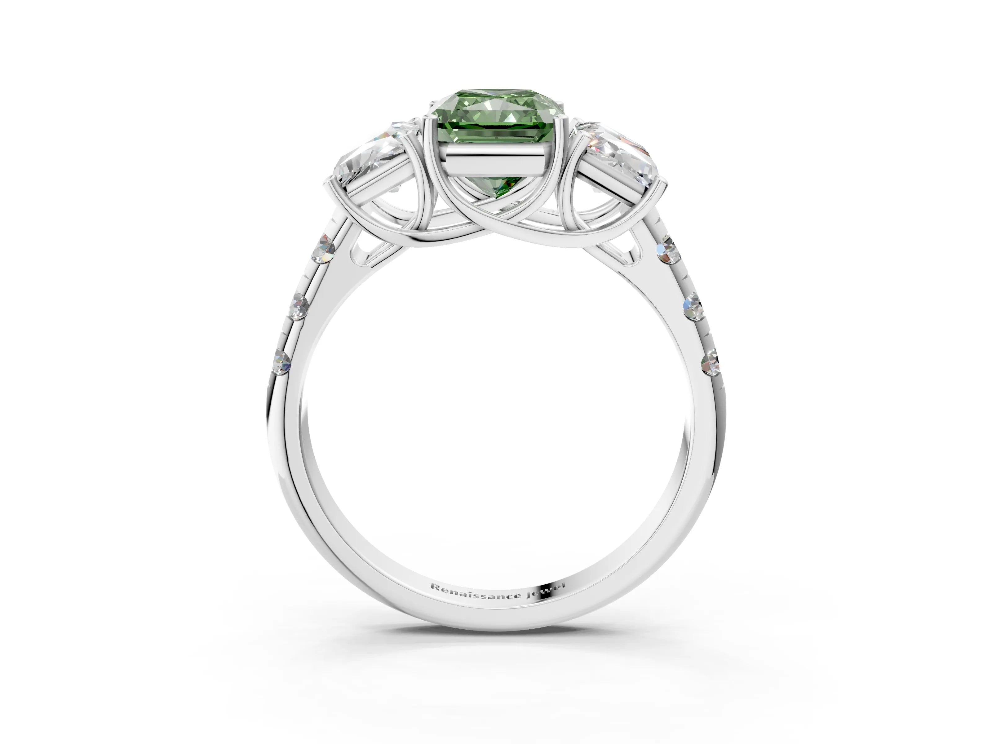 White gold Three-Stone Fancy Green Radiant Cut Diamond Pavé Band with Prong Setting_3