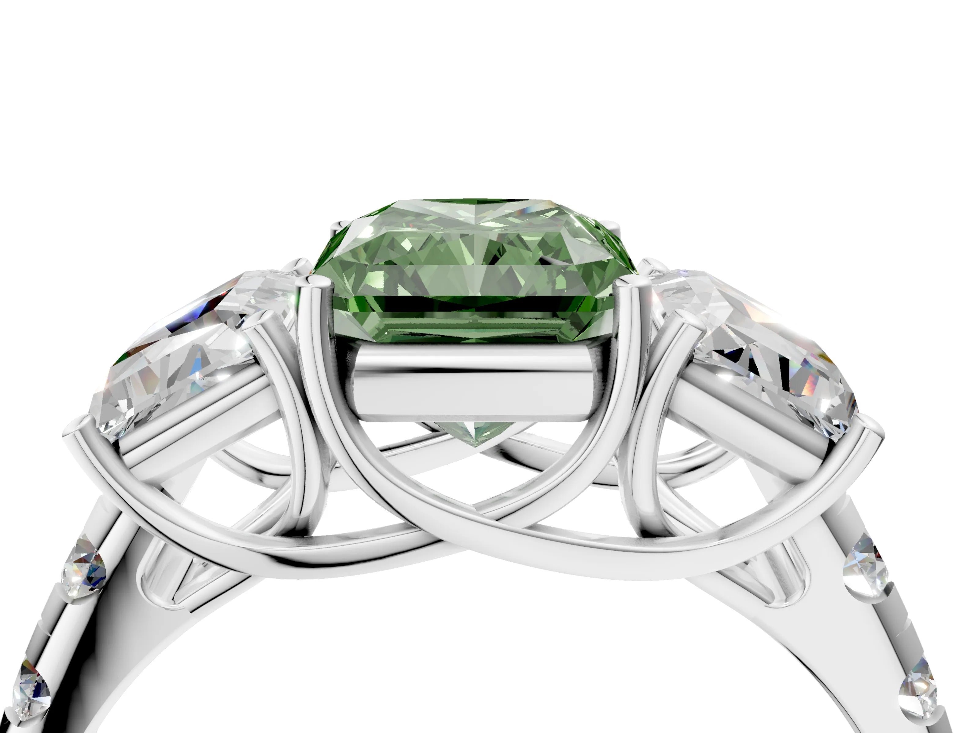White gold Three-Stone Fancy Green Radiant Cut Diamond Pavé Band with Prong Setting_4