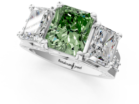 White gold Three-Stone Fancy Green Radiant  Cut Diamond Ring with Channel-Set Band and Four-Prong Setting_102