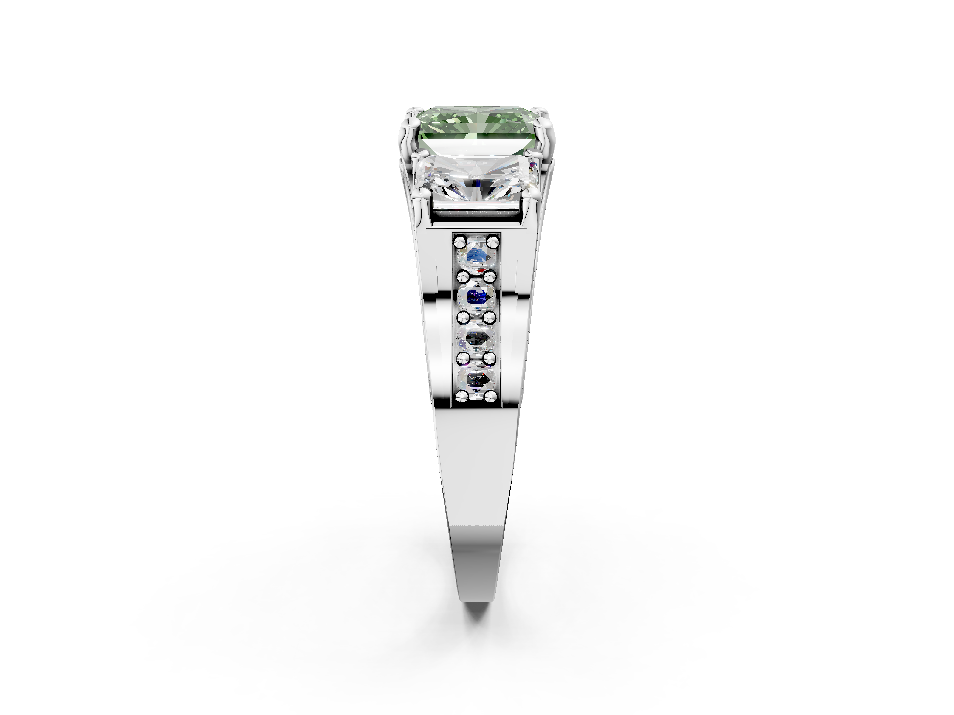 White gold Three-Stone Fancy Green Radiant  Cut Diamond Ring with Channel-Set Band and Four-Prong Setting_103
