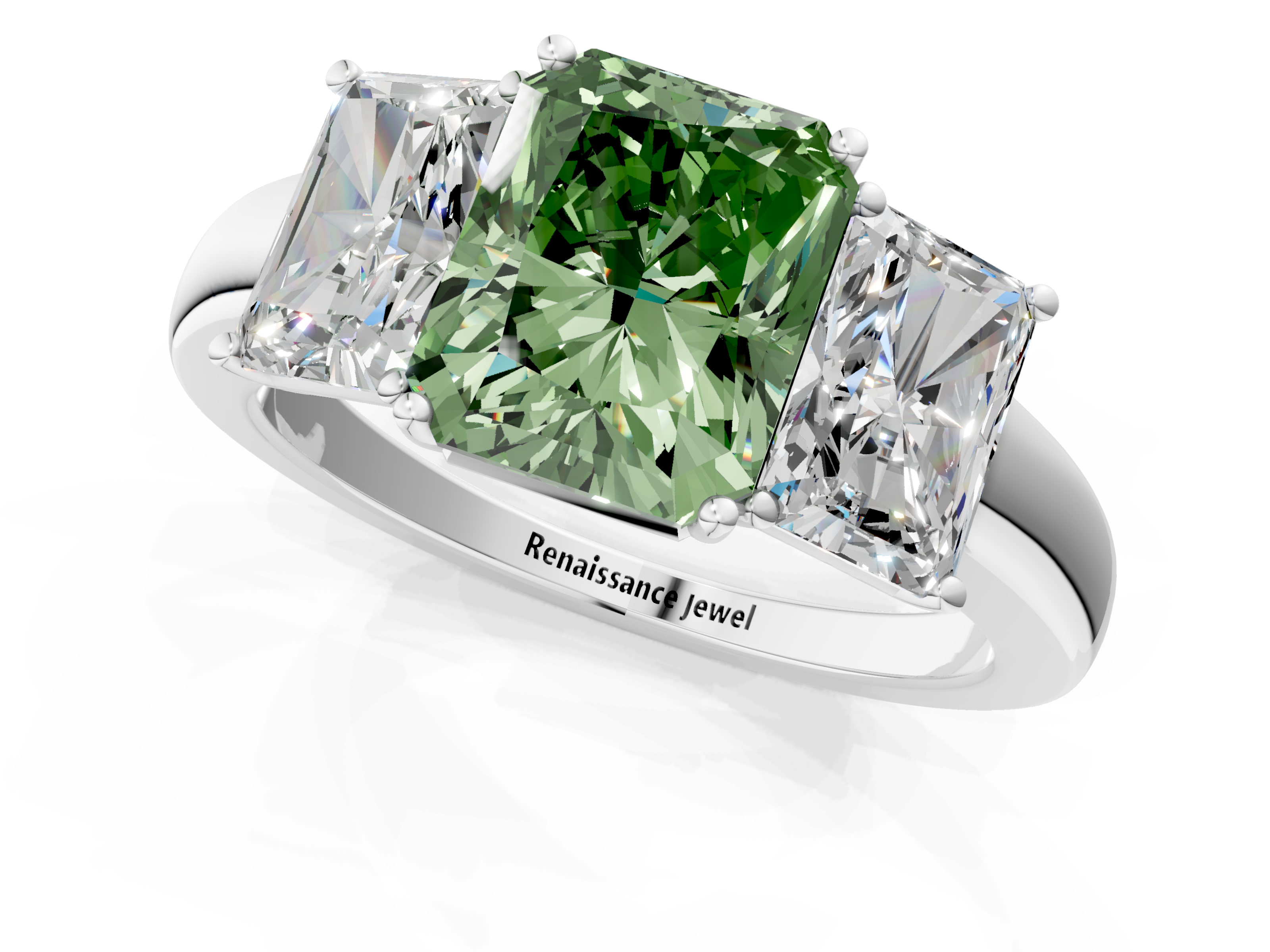White gold Three-Stone Fancy Green Radiant  Cut Diamond Ring with Channel-Set Band and Four-Prong Setting_35