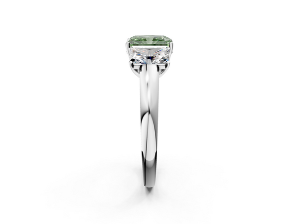 White gold Fancy Green Radiant Cut Diamond Three-Stone Ring with Four-Prong Setting and Classic Band