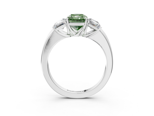 White gold Fancy Green Radiant Cut Diamond Three-Stone Ring with Four-Prong Setting and Classic Band