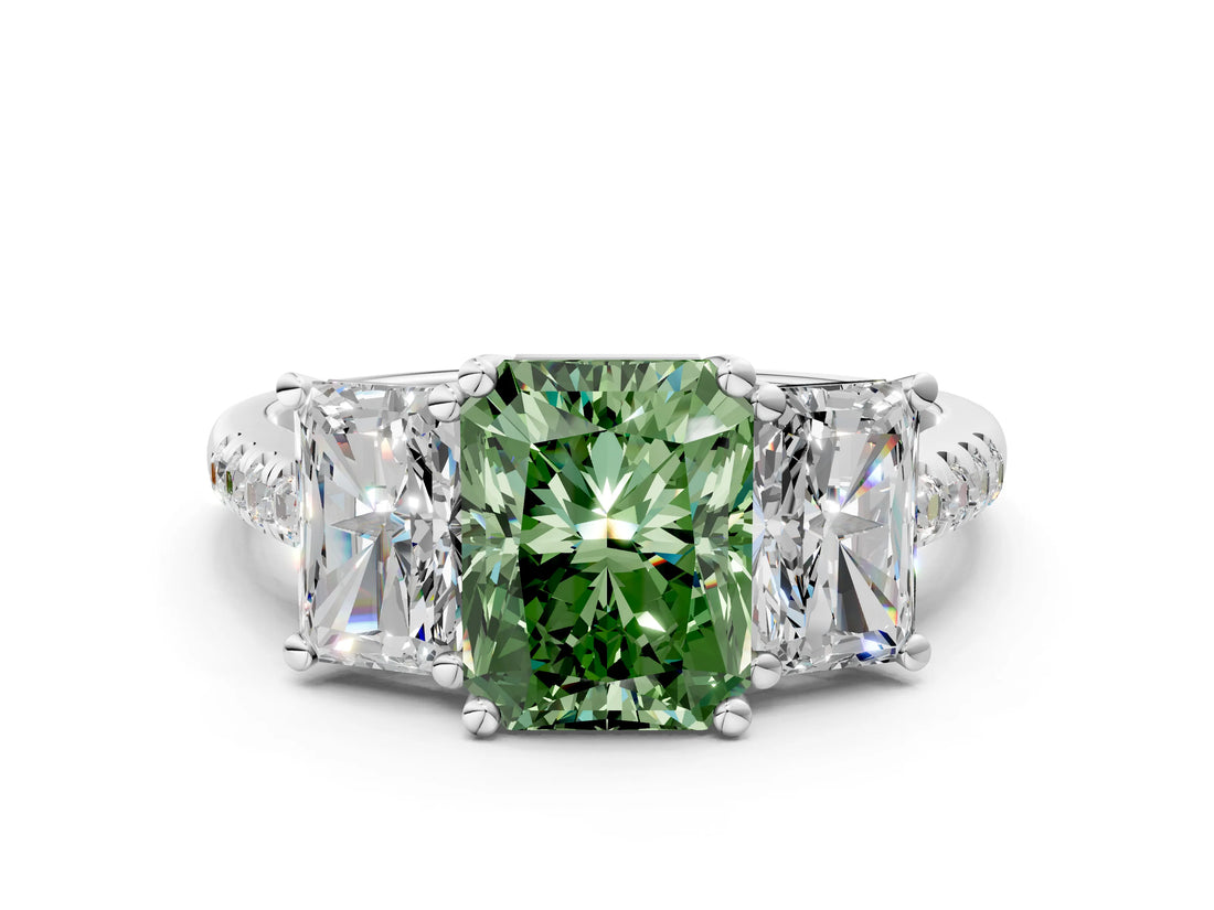 White gold Three-Stone Fancy Green Radiant Cut Diamond Ring with Pavé Band and Prong Setting_127
