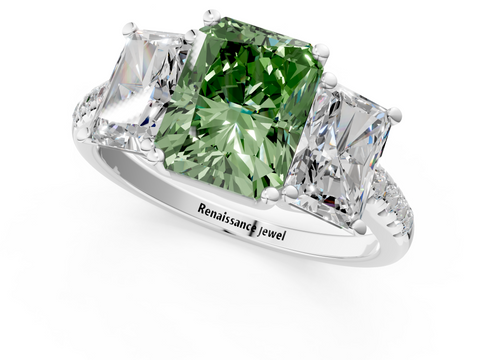 White gold Three-Stone Fancy Green Radiant  Cut Diamond Ring with Pavé Band and Prong Setting_21