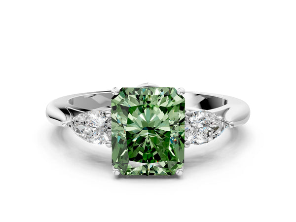 White gold Three-Stone Fancy Green Radiant Cut Diamond Ring with Pear  Side Stones in Four-Prong Setting