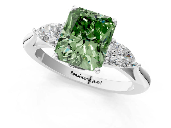 White gold Three-Stone Fancy Green Radiant Cut Diamond Ring with Pear  Side Stones in Four-Prong Setting