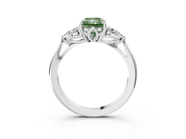 White gold Three-Stone Fancy Green Radiant Cut Diamond Ring with Pear  Side Stones in Four-Prong Setting