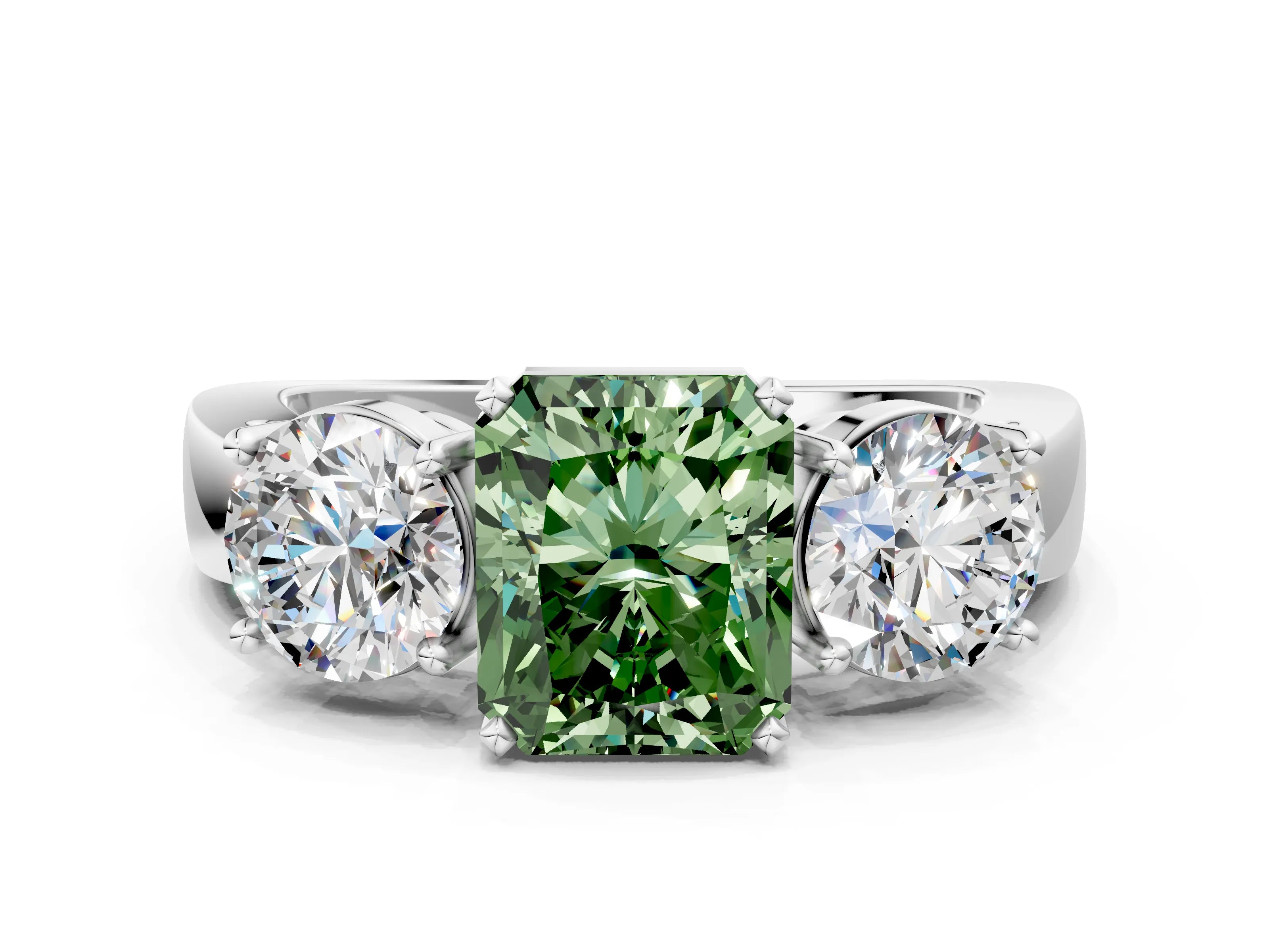 White gold Three-Stone Fancy Green Radiant Cut Diamond Ring with Round Side Stones, Classic Band, and Four-Prong Setting