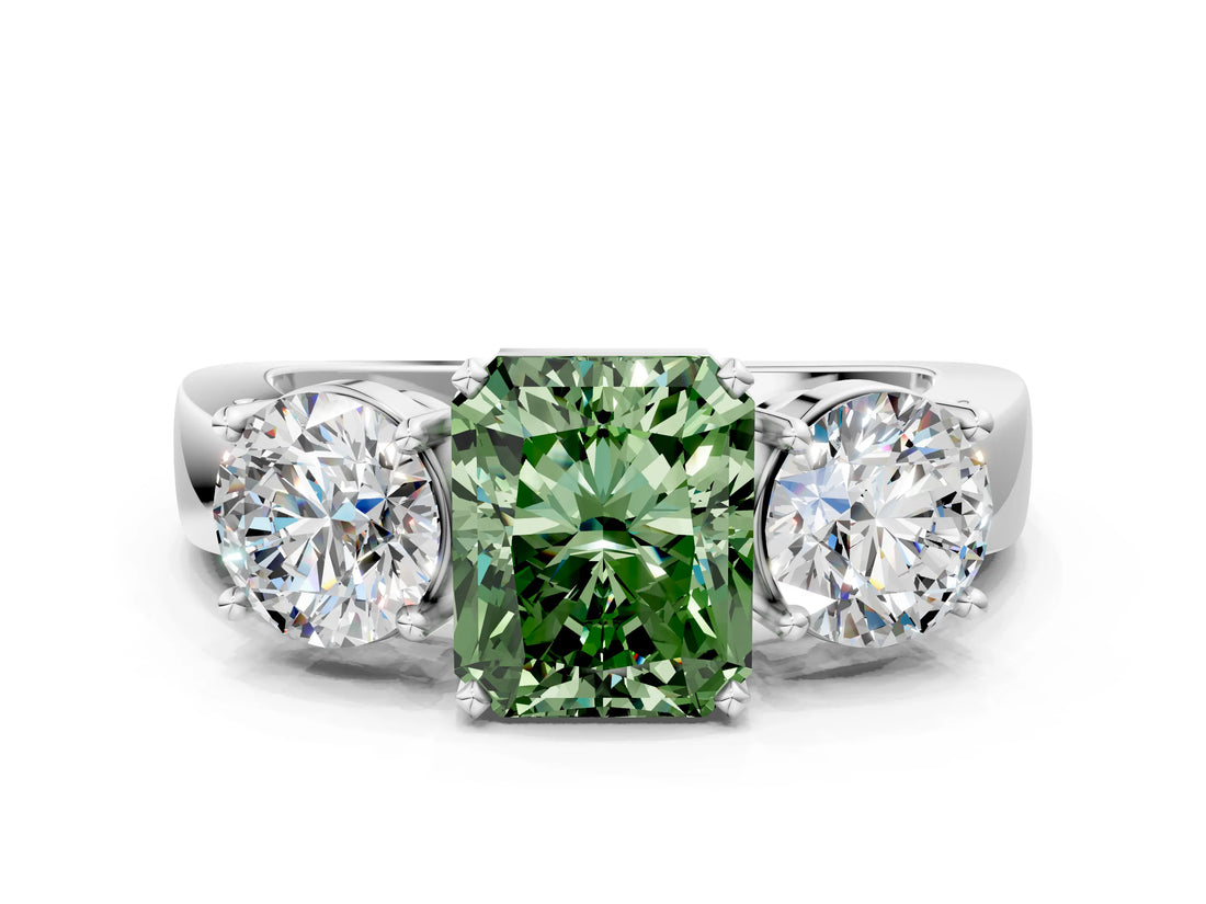 White gold Three-Stone Fancy Green Radiant Cut Diamond Ring with Round Side Stones, Classic Band, and Four-Prong Setting