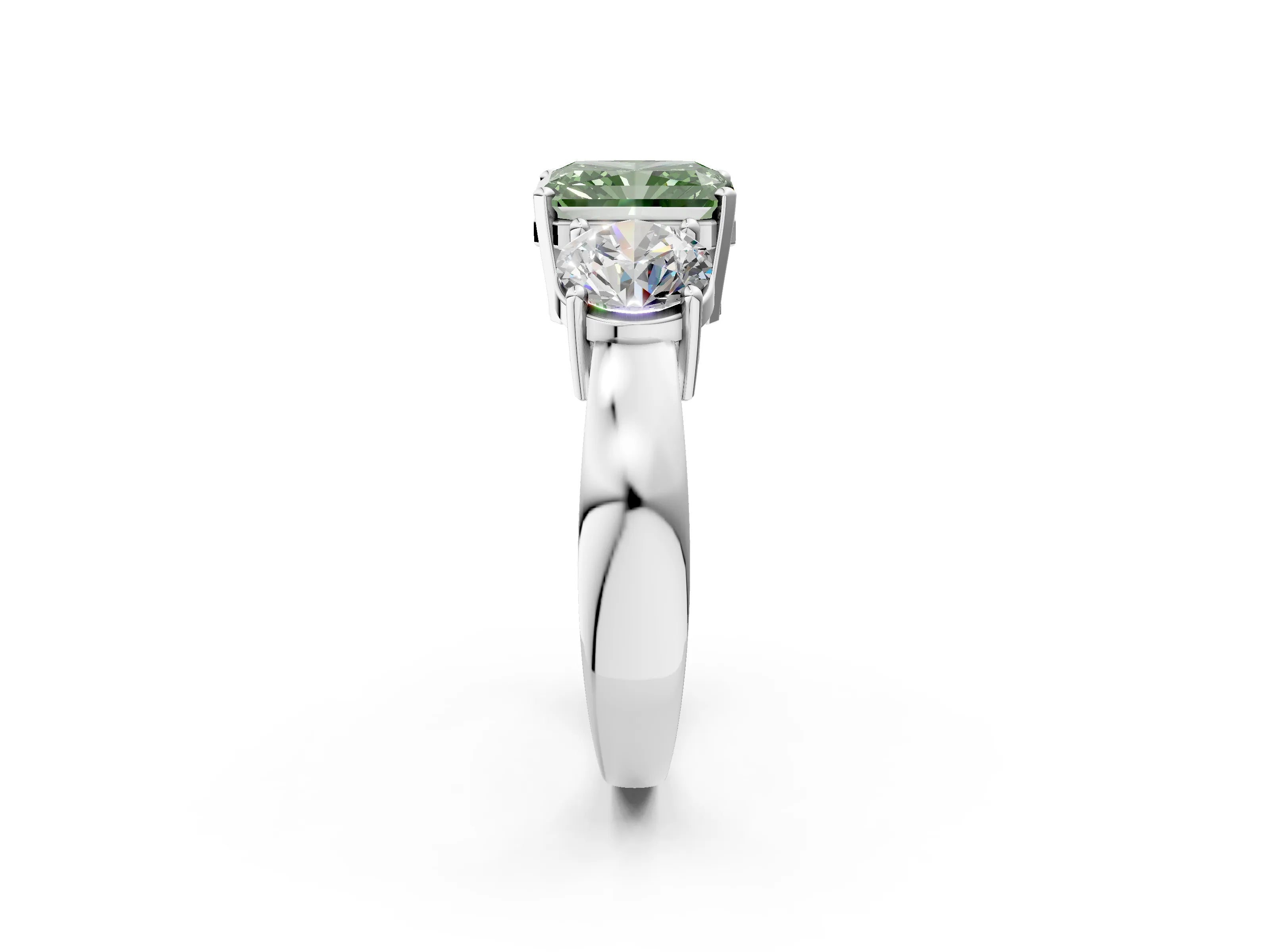 White gold Three-Stone Fancy Green Radiant Cut Diamond Ring with Round Side Stones, Classic Band, and Four-Prong Setting_2