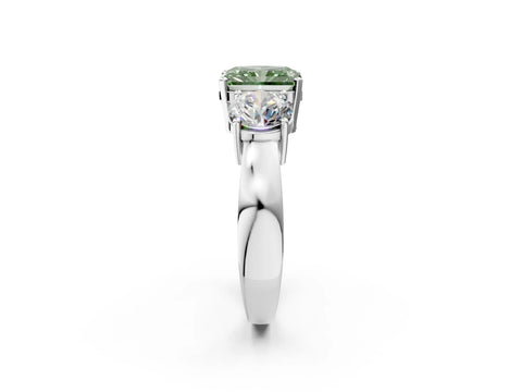 White gold Three-Stone Fancy Green Radiant Cut Diamond Ring with Round Side Stones, Classic Band, and Four-Prong Setting_2