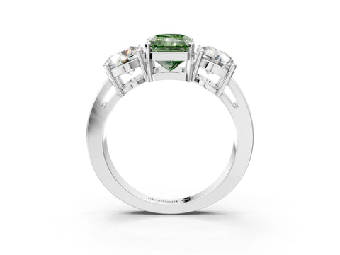 White gold Three-Stone Fancy Green Radiant Cut Diamond Ring with Round Side Stones, Classic Band, and Four-Prong Setting_3