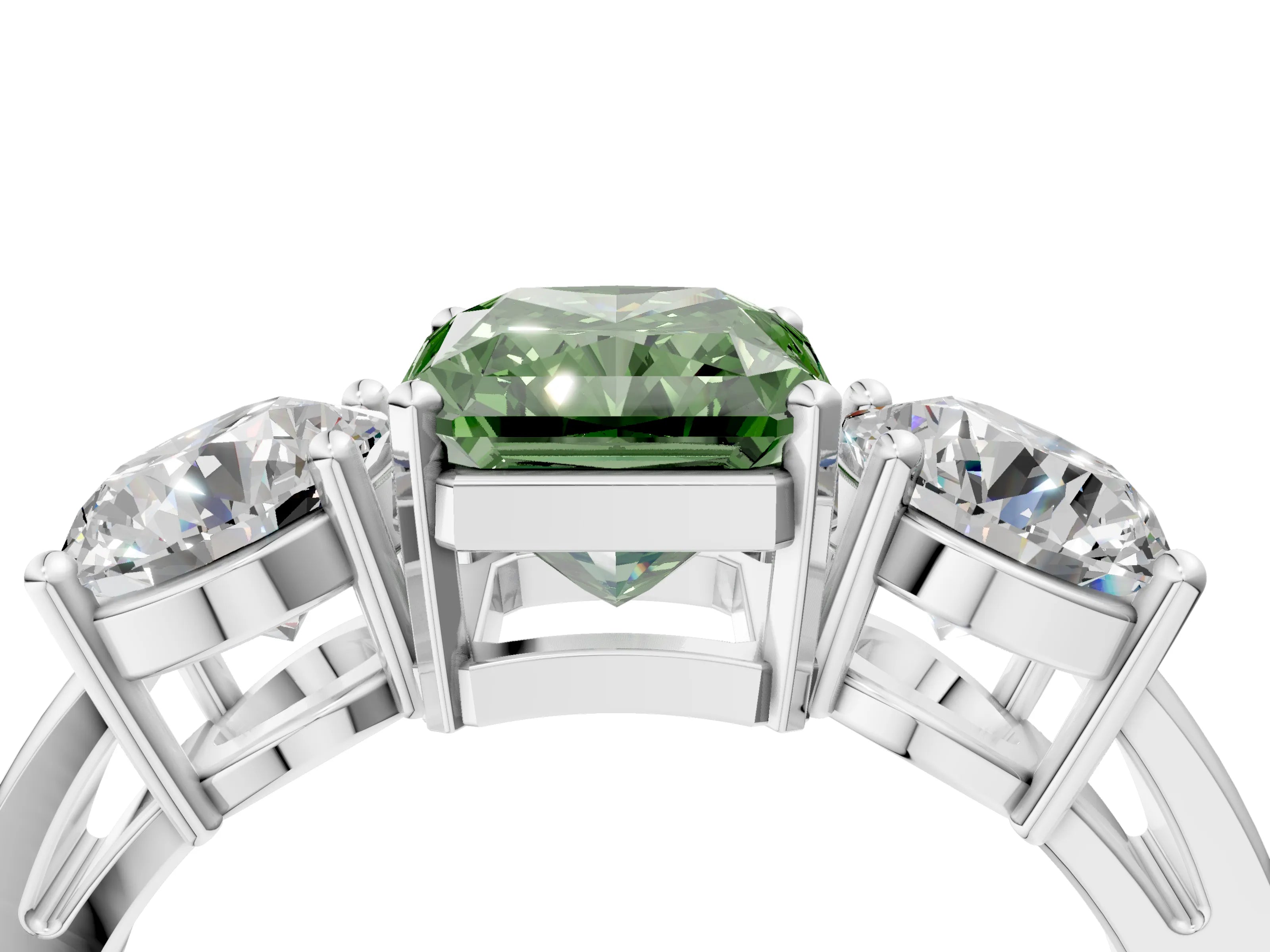 White gold Three-Stone Fancy Green Radiant Cut Diamond Ring with Round Side Stones, Classic Band, and Four-Prong Setting_4